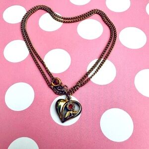 Vintage Heart Necklace Gold Tone Heart Necklace Red Rhinestone 9" chain Heart